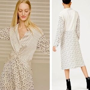 CLUB MONACO Cream Patterned Satin Midi Shirt Dress Sz 8 (NWOT)